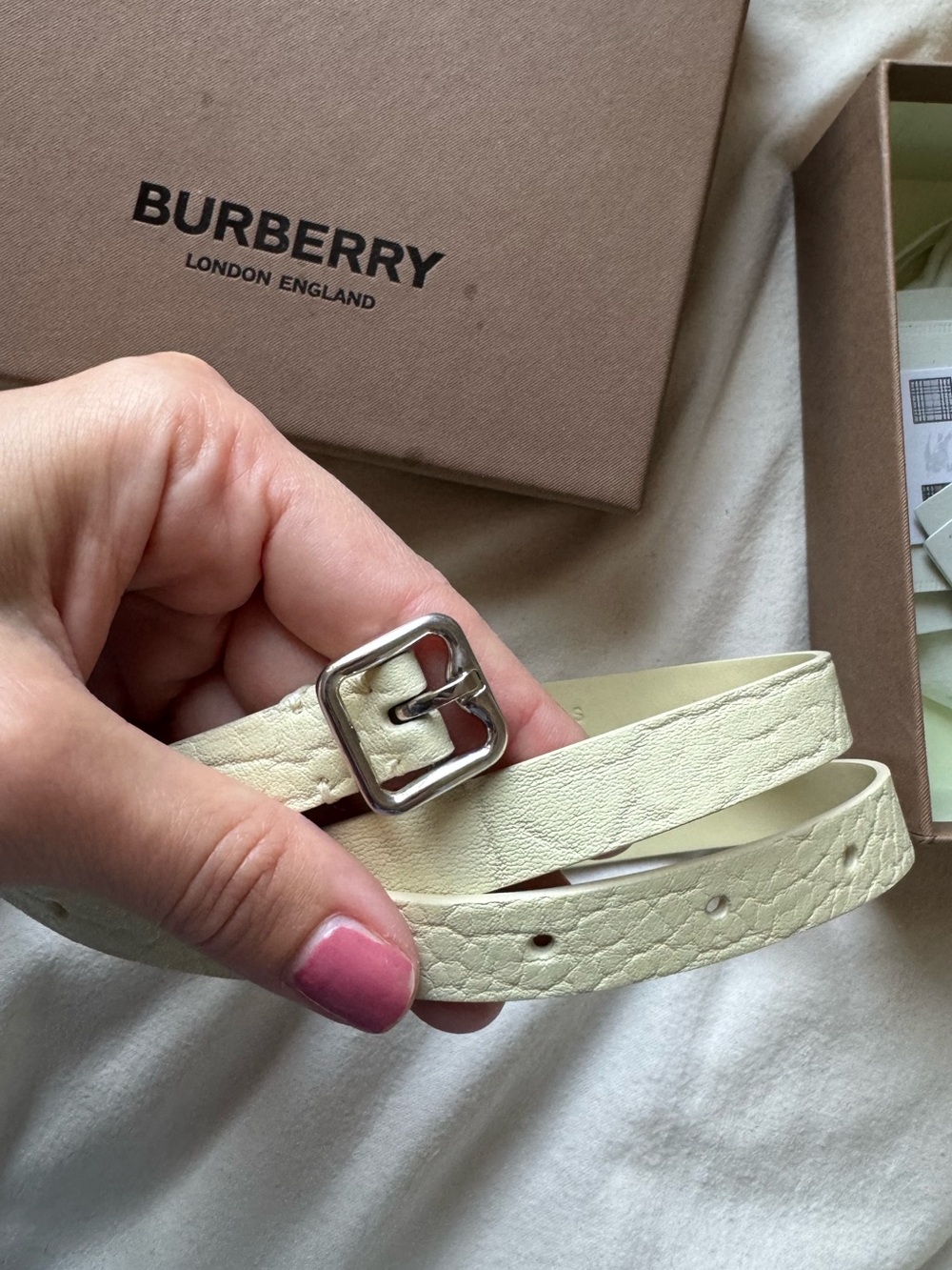 Burberry Cream Leather Skinny Belt with Silver Buckle